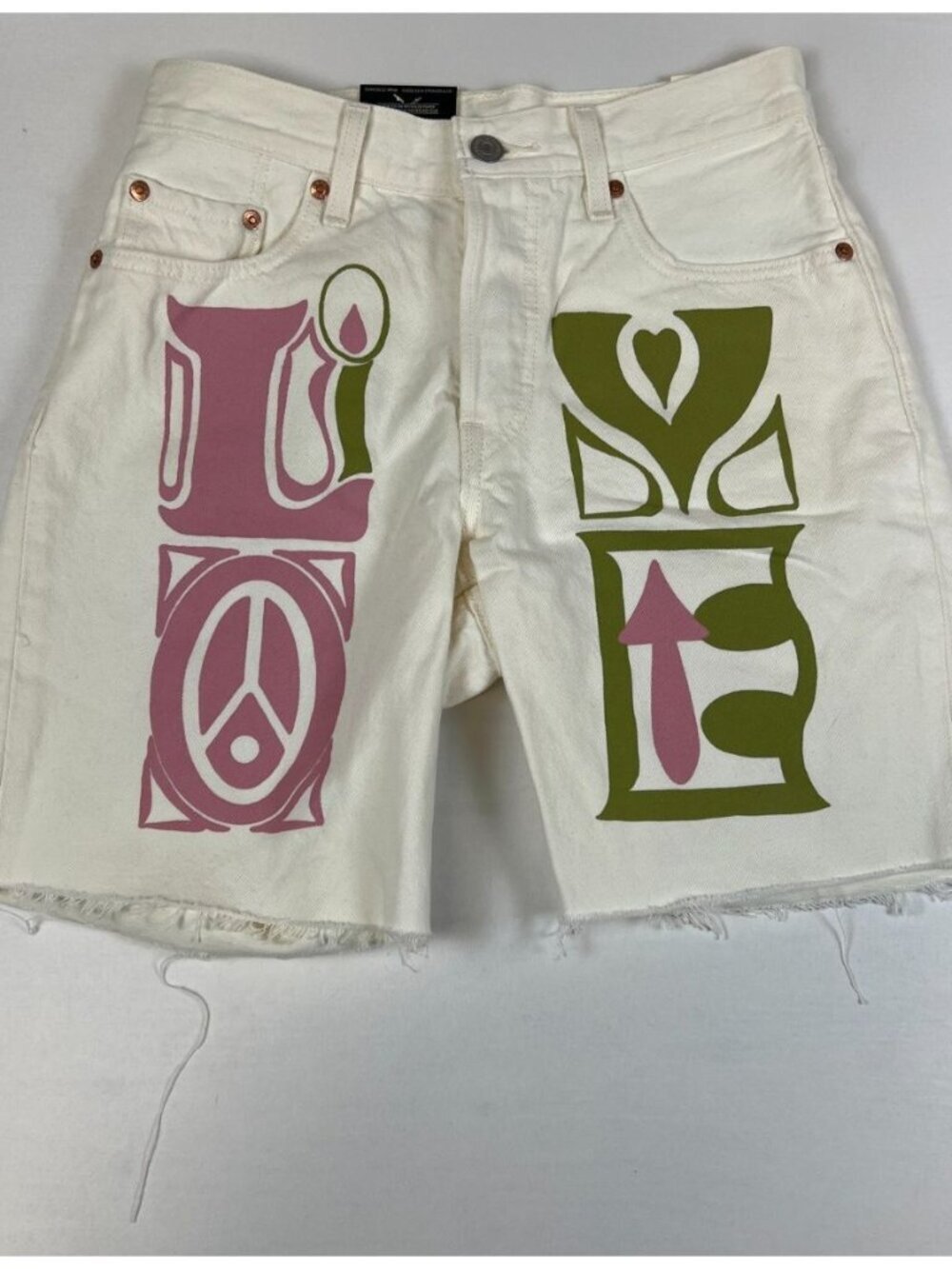 Levi's Women 24 Inseam 501 90s Shorts White Denim Graphic Cut Off NWT